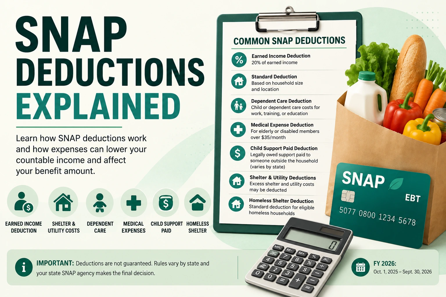 SNAP deductions explained guide showing common deductions such as earned income, shelter, utility, medical, dependent care, child support, and homeless shelter deductions
